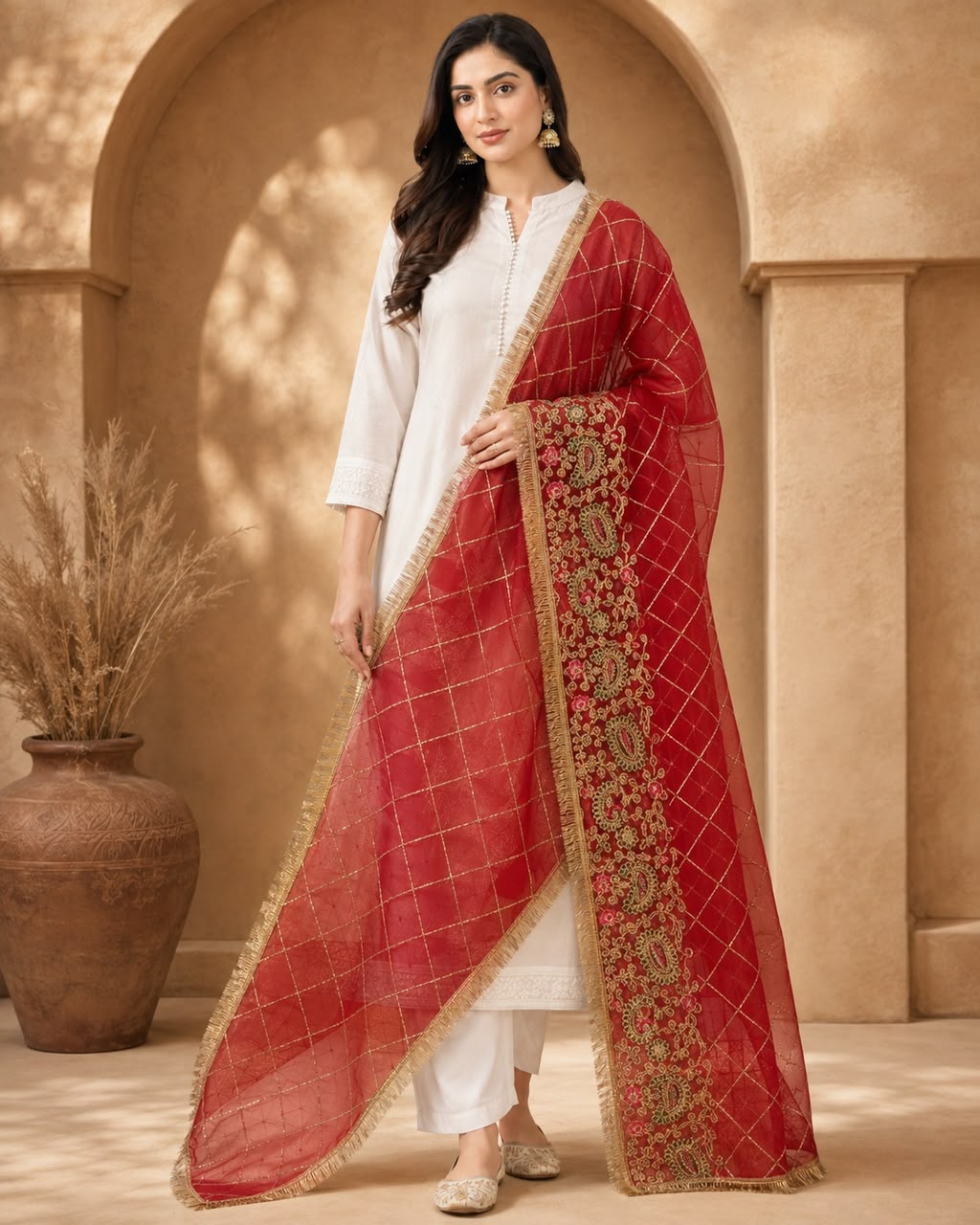 DP-16 Sindoor Red Gota Jaal Paisley Border Dupatta