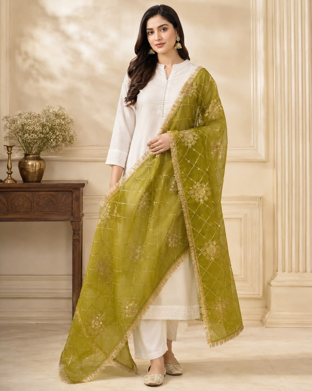 DP-20 Mehndi Green Floral Gota Jaal Organza Dupatta