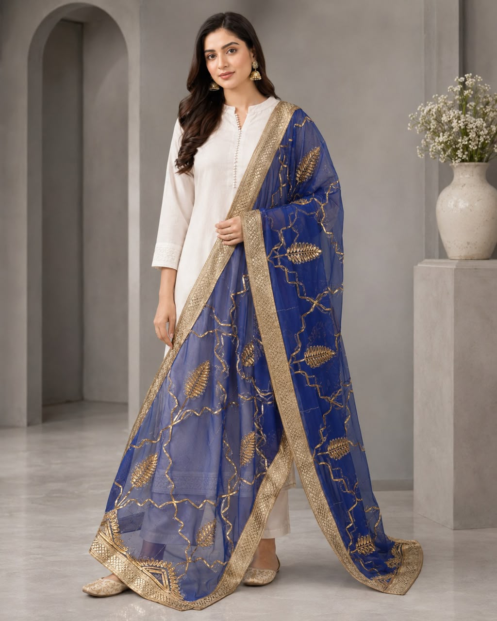 DP-18 Royal Blue Gold Leaf Embroidered Organza Dupatta