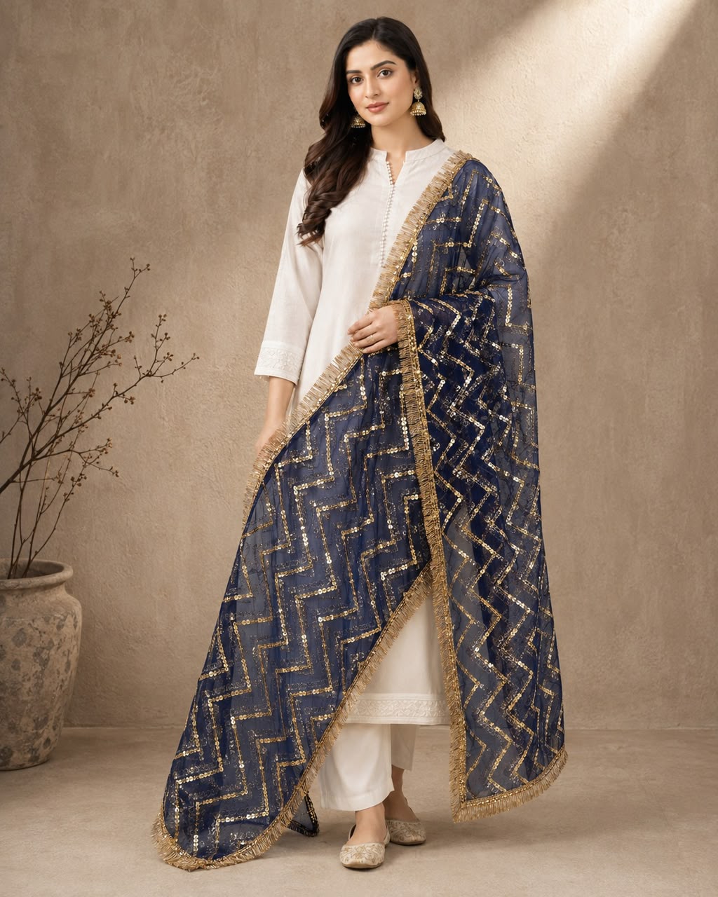 DP-19 Navy Blue Chevron Sequin Net Dupatta