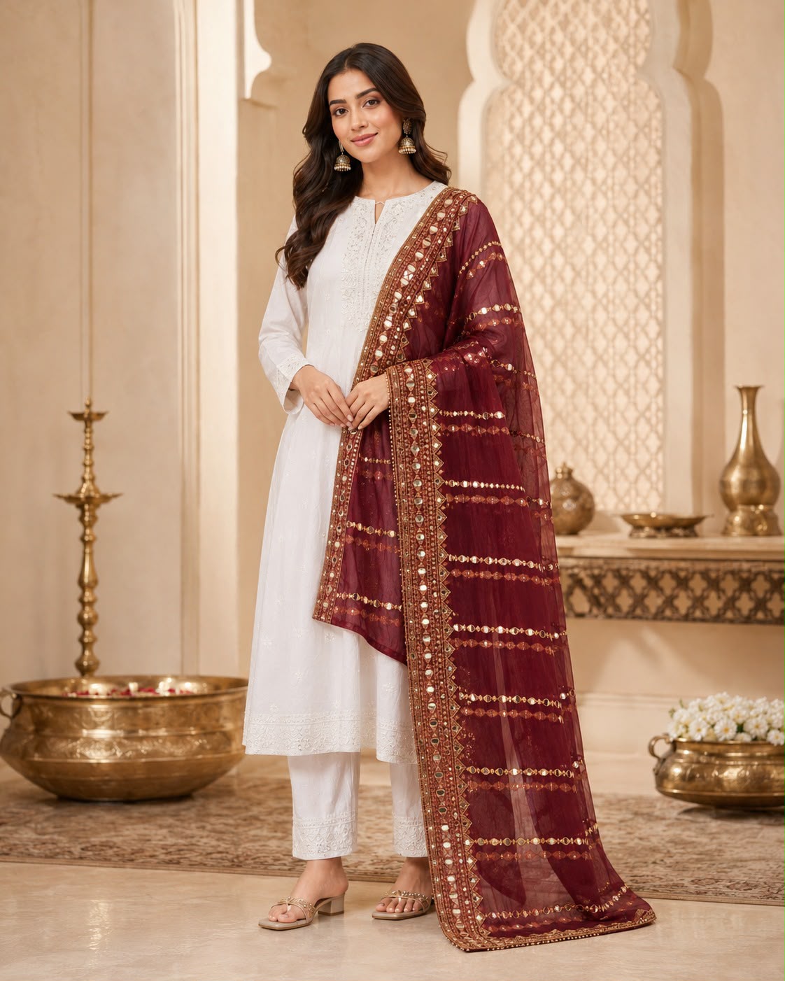 DP-02 Deep Maroon Gota Mirror Work Festive Dupatta