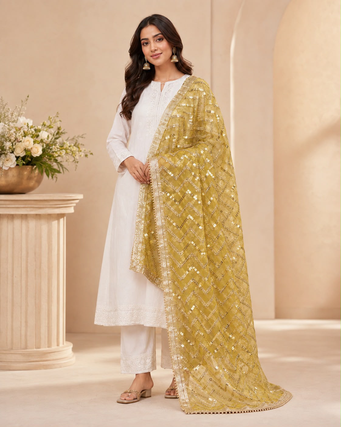 DP-05 Antique Gold Chevron Sequin Net Dupatta
