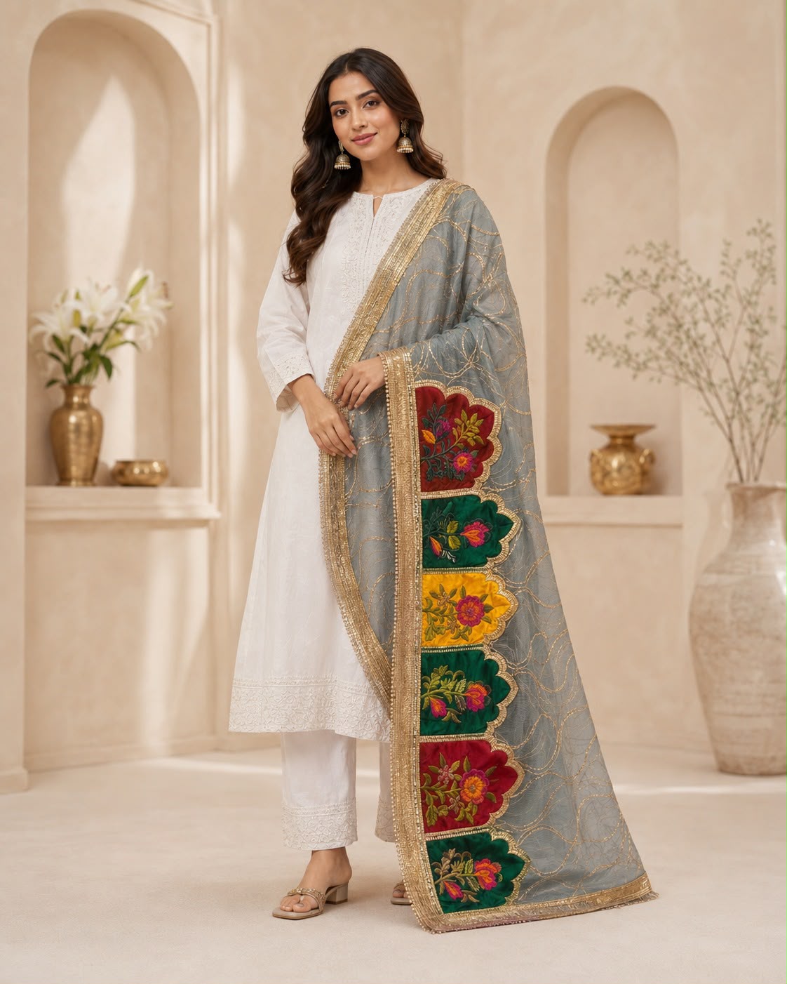 DP-07 Silver Grey Multicolour Floral Applique Organza Dupatta