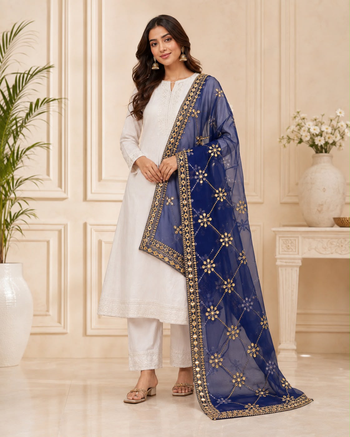 DP-06 Royal Blue Floral Gota Embroidered Net Dupatta