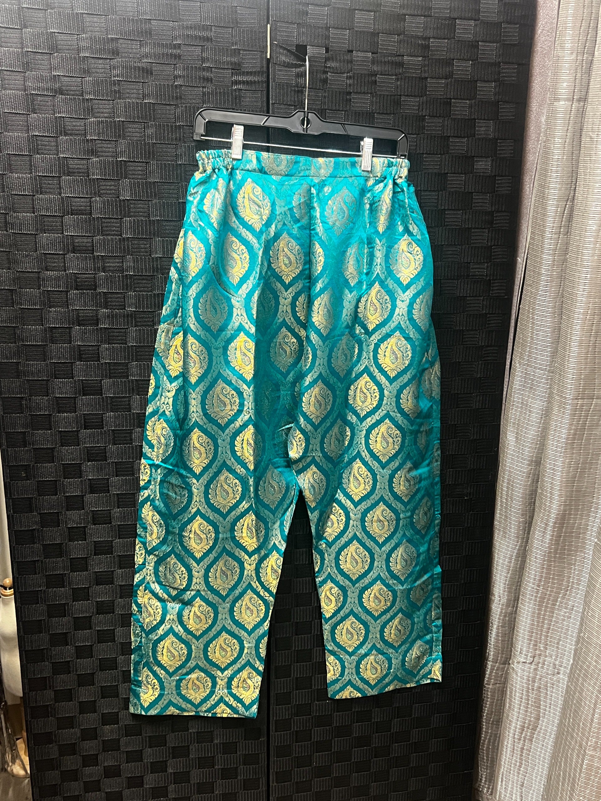 BM-TR-003 Aqua Blue Silver Damask Banarasi Jacquard Straight-Leg Trousers -