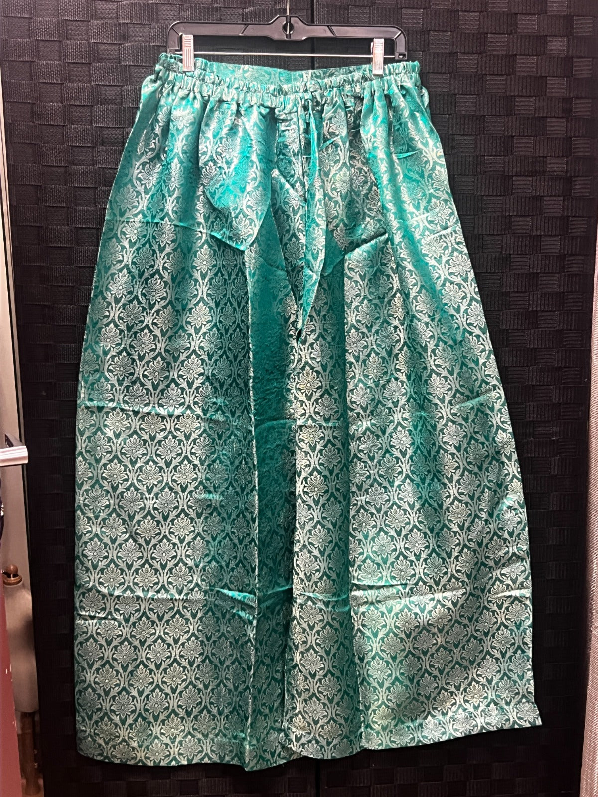BM-TR-013 Teal Turquoise Silver Floral Vine Banarasi Jacquard Palazzo Trousers -