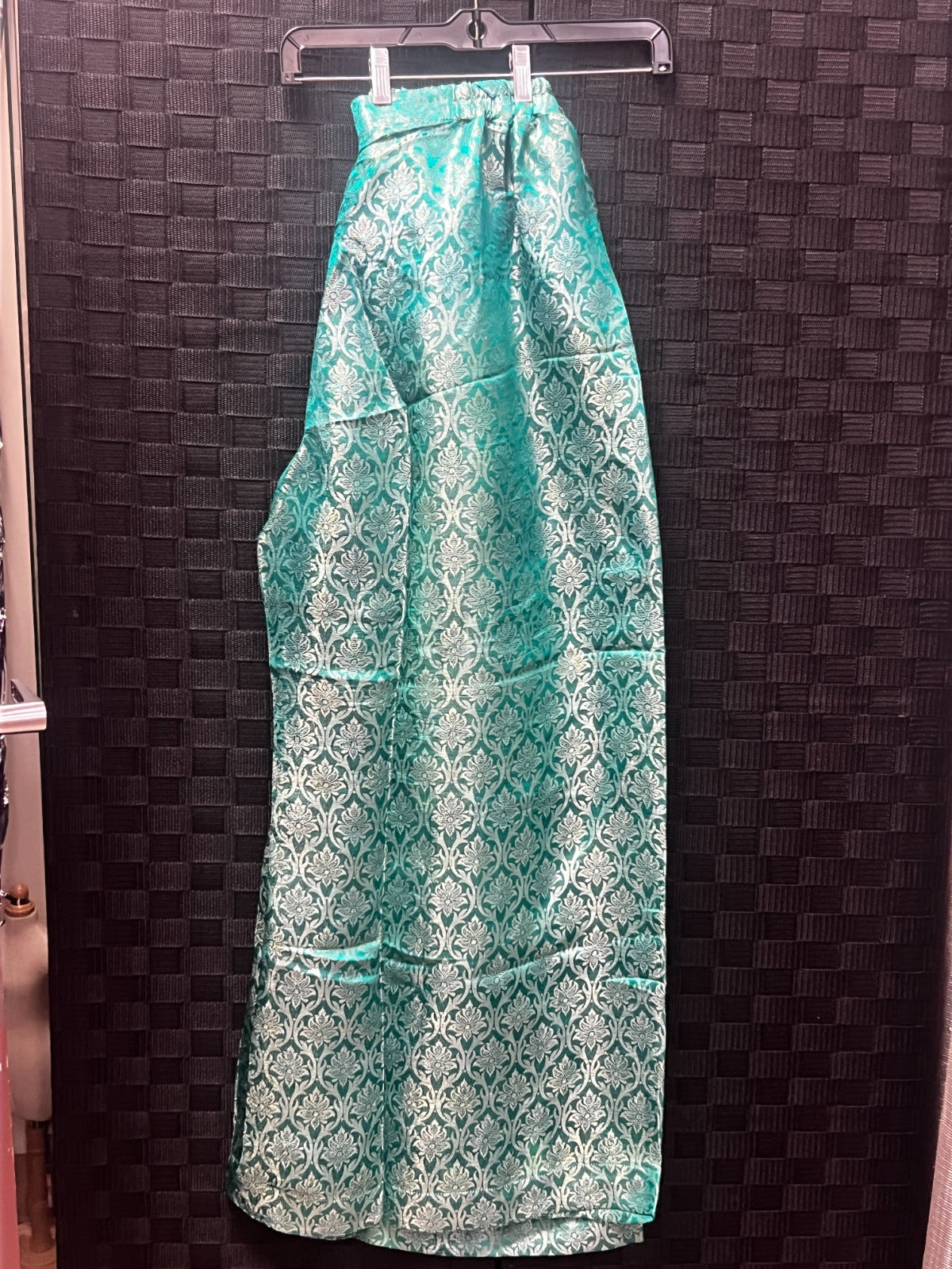BM-TR-012 Aqua Turquoise Silver Floral Trellis Banarasi Jacquard Palazzo Trousers -