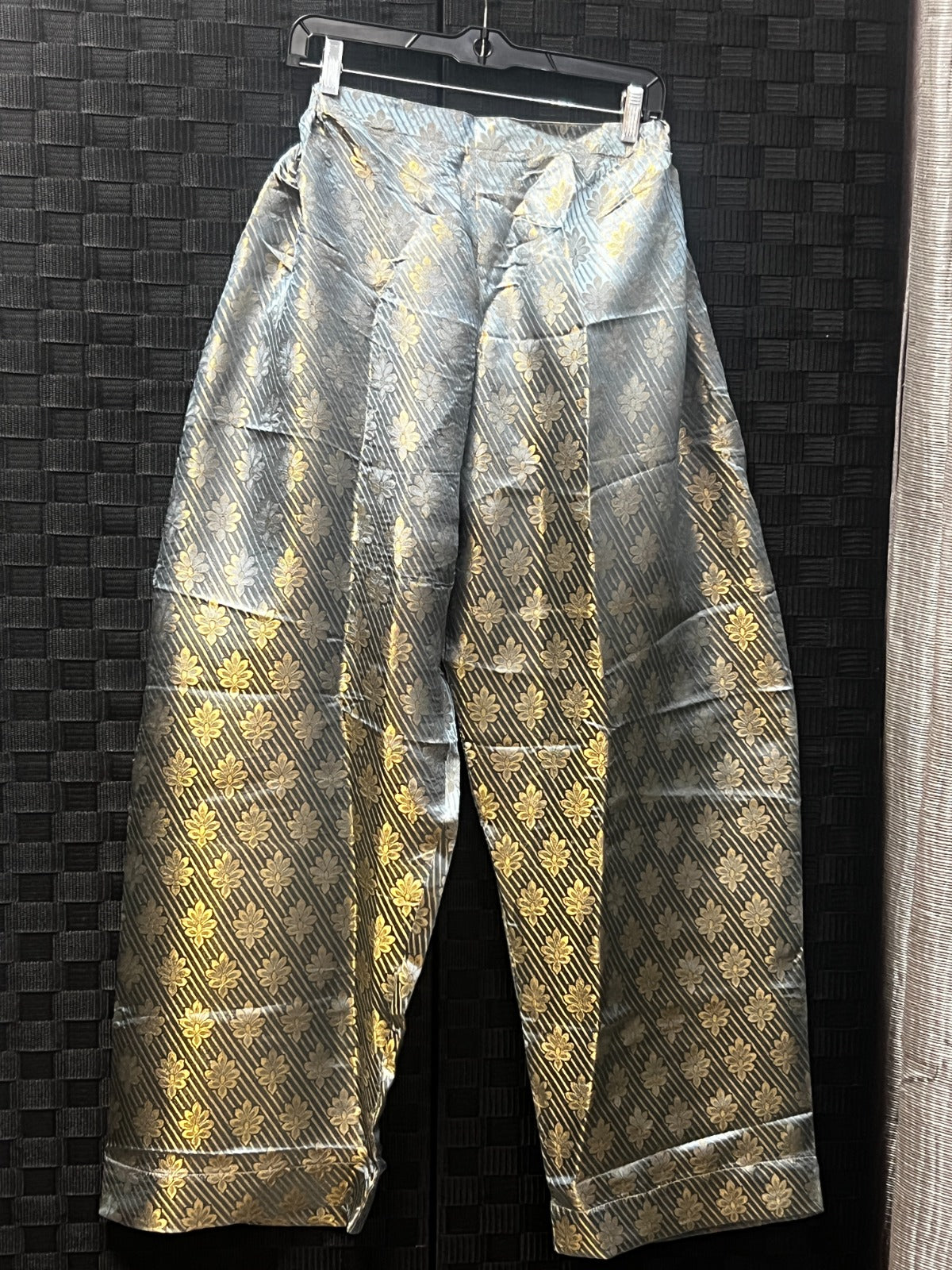 BM-TR-026 Charcoal Sage Gold Floral Damask Banarasi Jacquard Straight-Leg Trousers