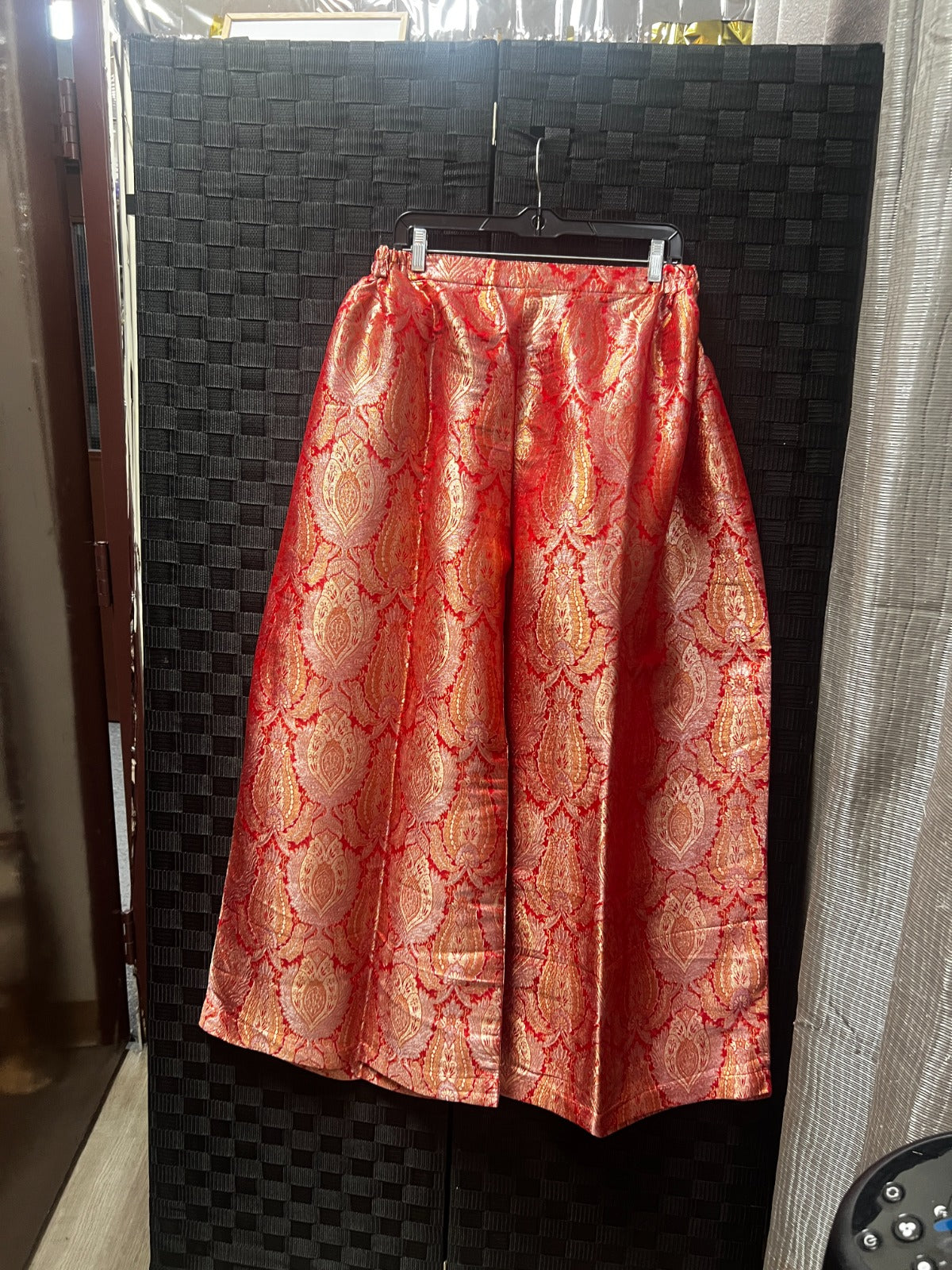 BM-TR-001 Coral Orange Gold Paisley Medallion Banarasi Jacquard Wide-Leg Trousers -