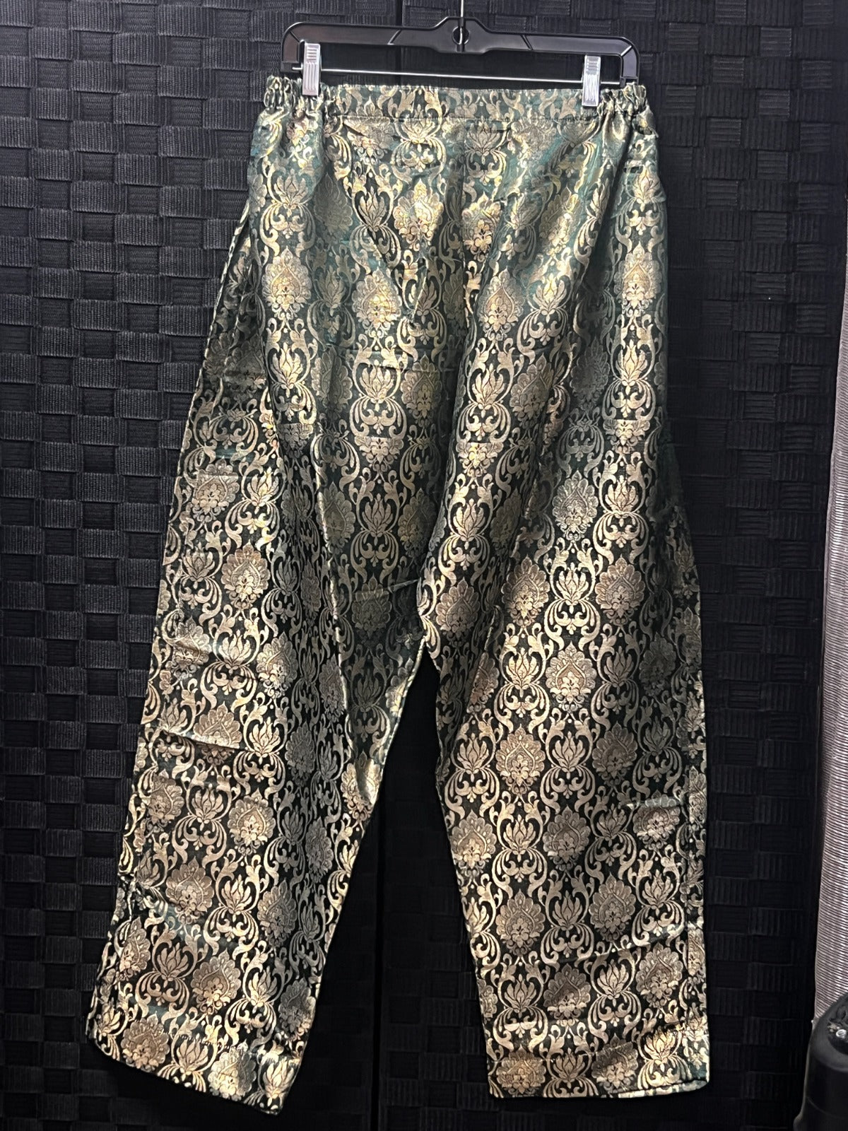 BM-TR-026 Charcoal Sage Gold Floral Damask Banarasi Jacquard Straight-Leg Trousers
