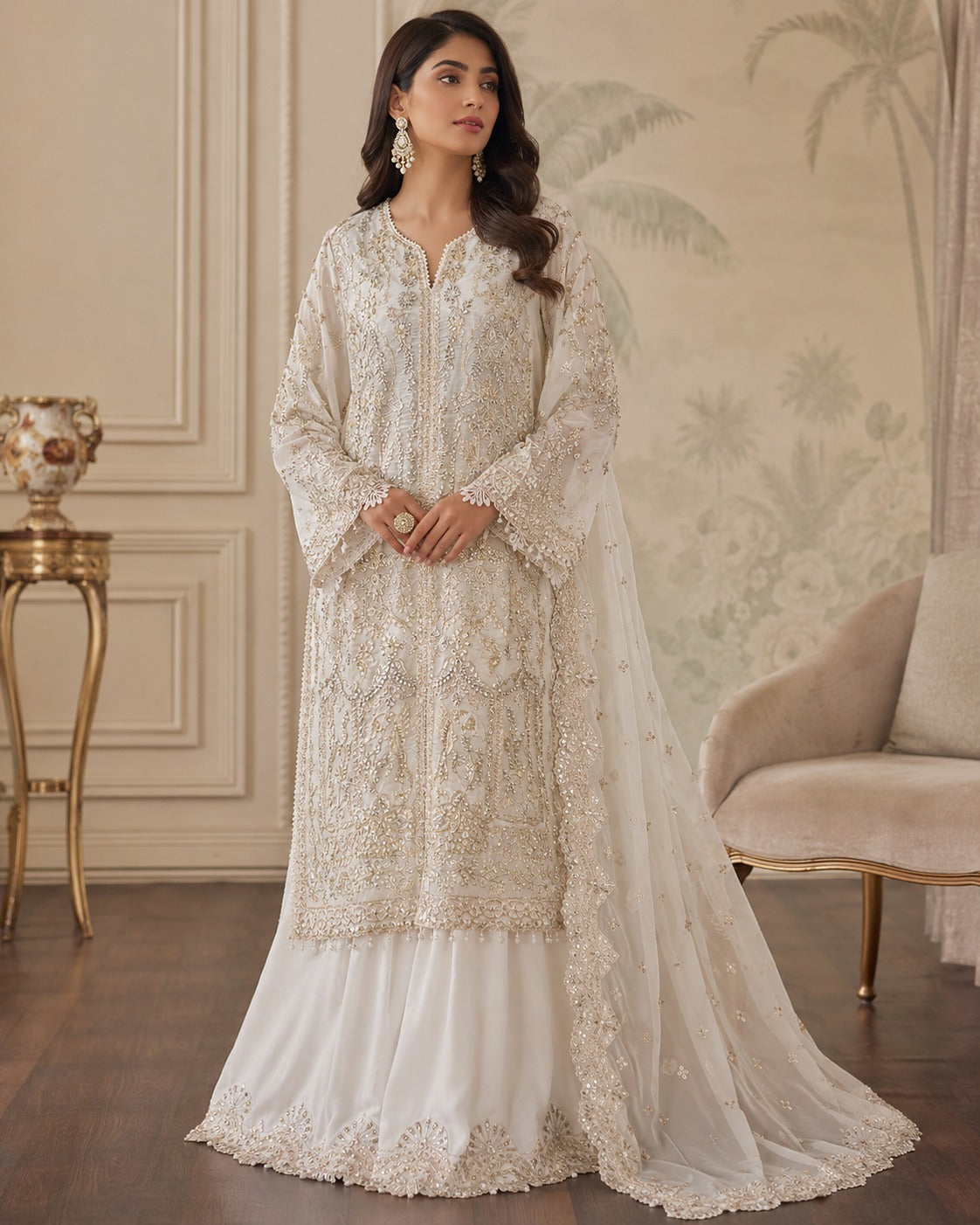 Ivory Embellished Organza Long Shirt, Sharara & Dupatta Set