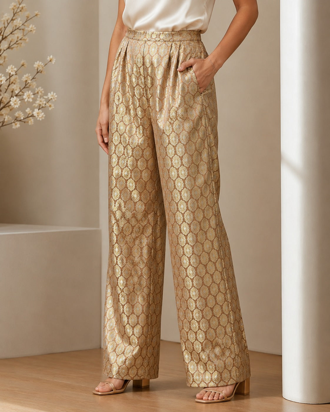 DR-02 - Golden Beige - Wide-Leg Banarasi Jacquard Trousers