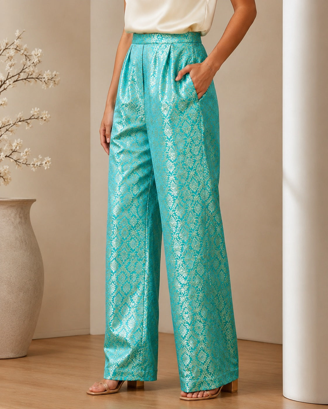 DR-06 - Ferozi - Wrap-Front Wide-Leg Banarasi Jacquard Trousers