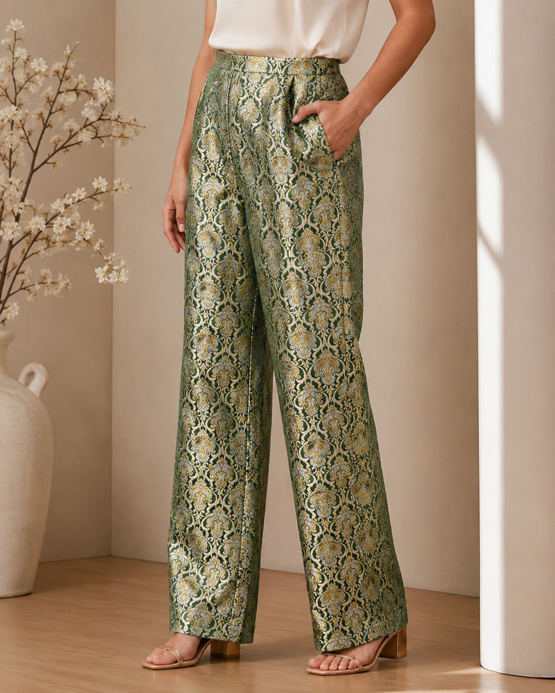 DR-03 - Mehndi Green - Straight-Leg Banarasi Jacquard Trousers Straight trouser