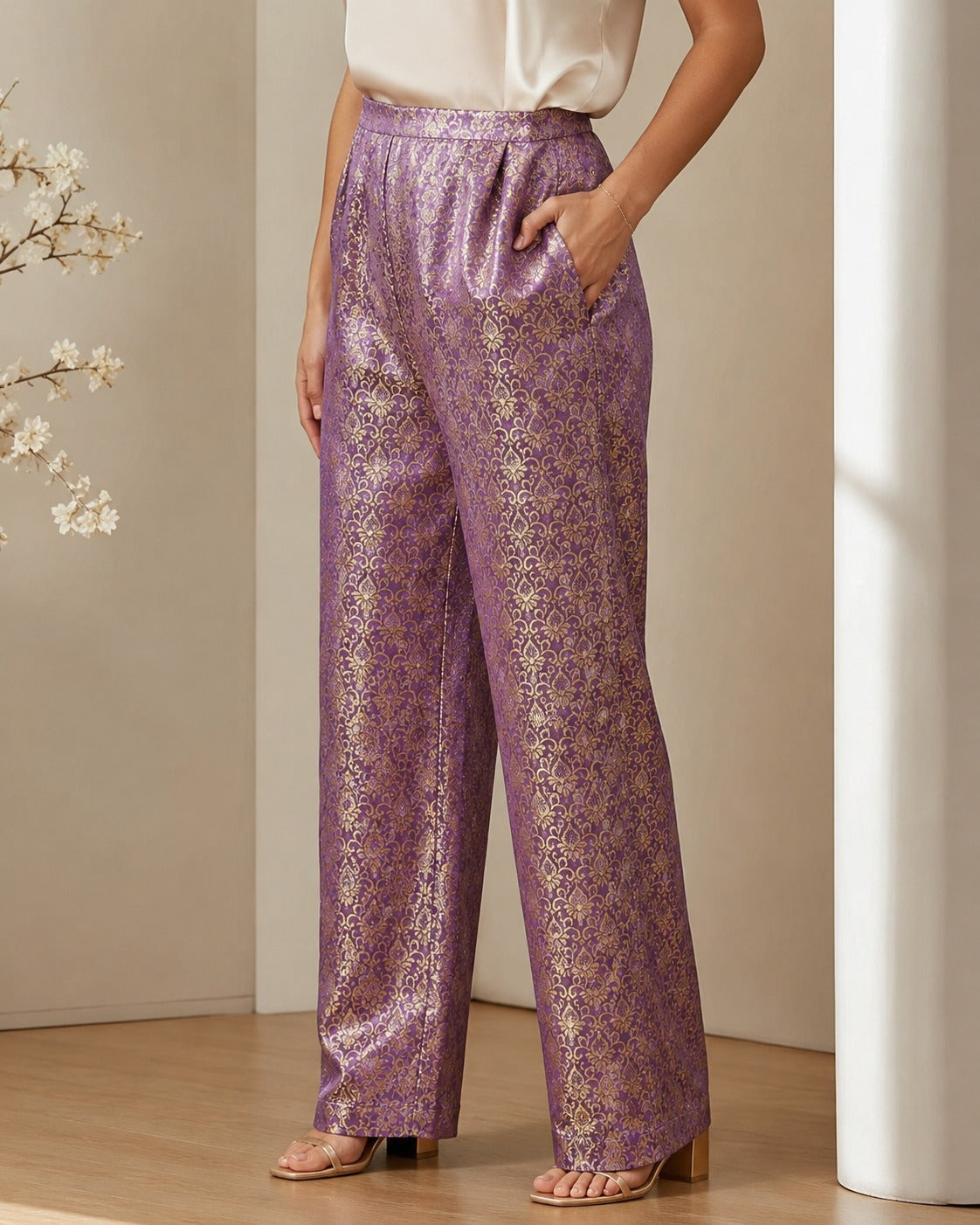 DR-07 - Lavender - Straight-Leg Banarasi Jacquard Trousers