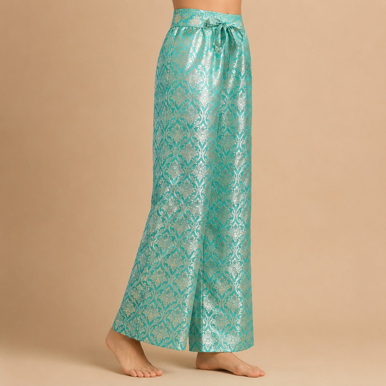 DR-01 - Green - Wide-Leg Banarasi Jacquard Trousers