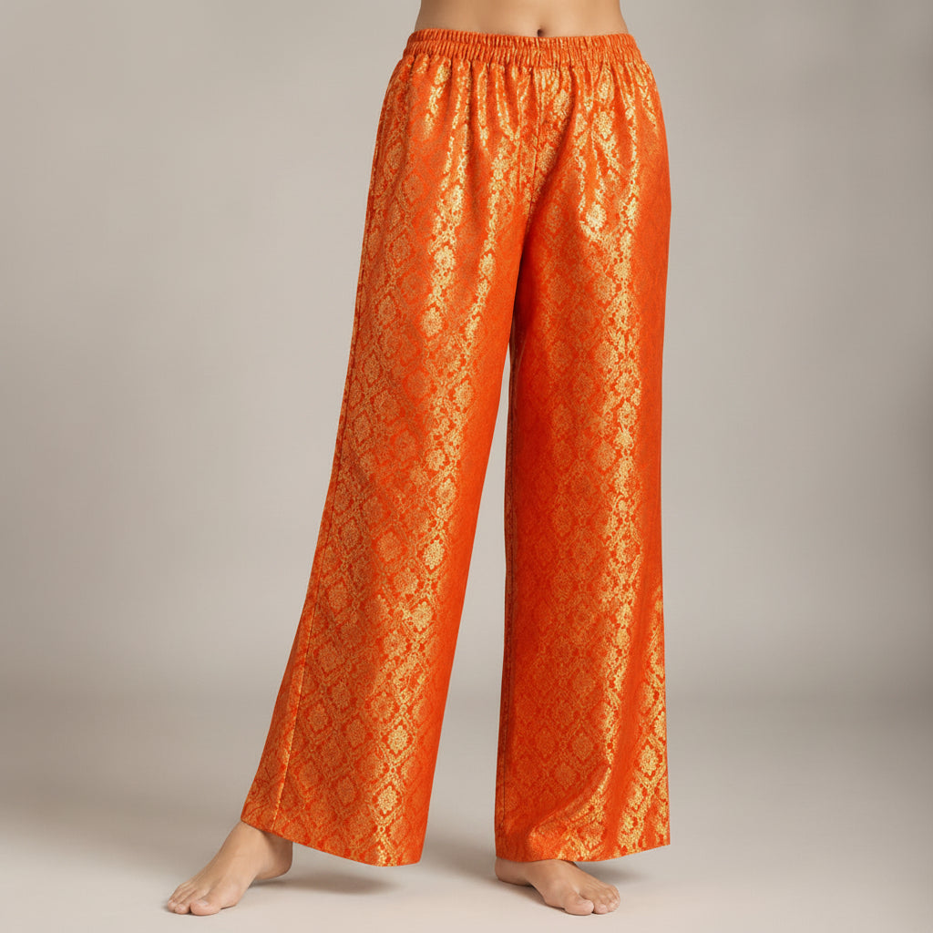 DR-13 - Orange - Wide-Leg Banarasi Jacquard Trousers