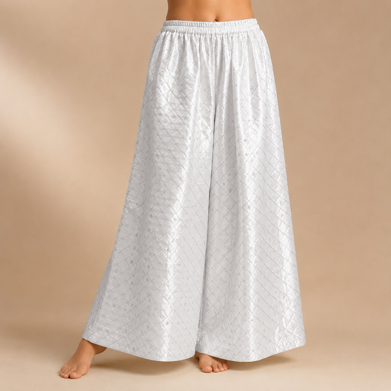 DR-16 - White - Palazzo Banarasi Jacquard Trousers