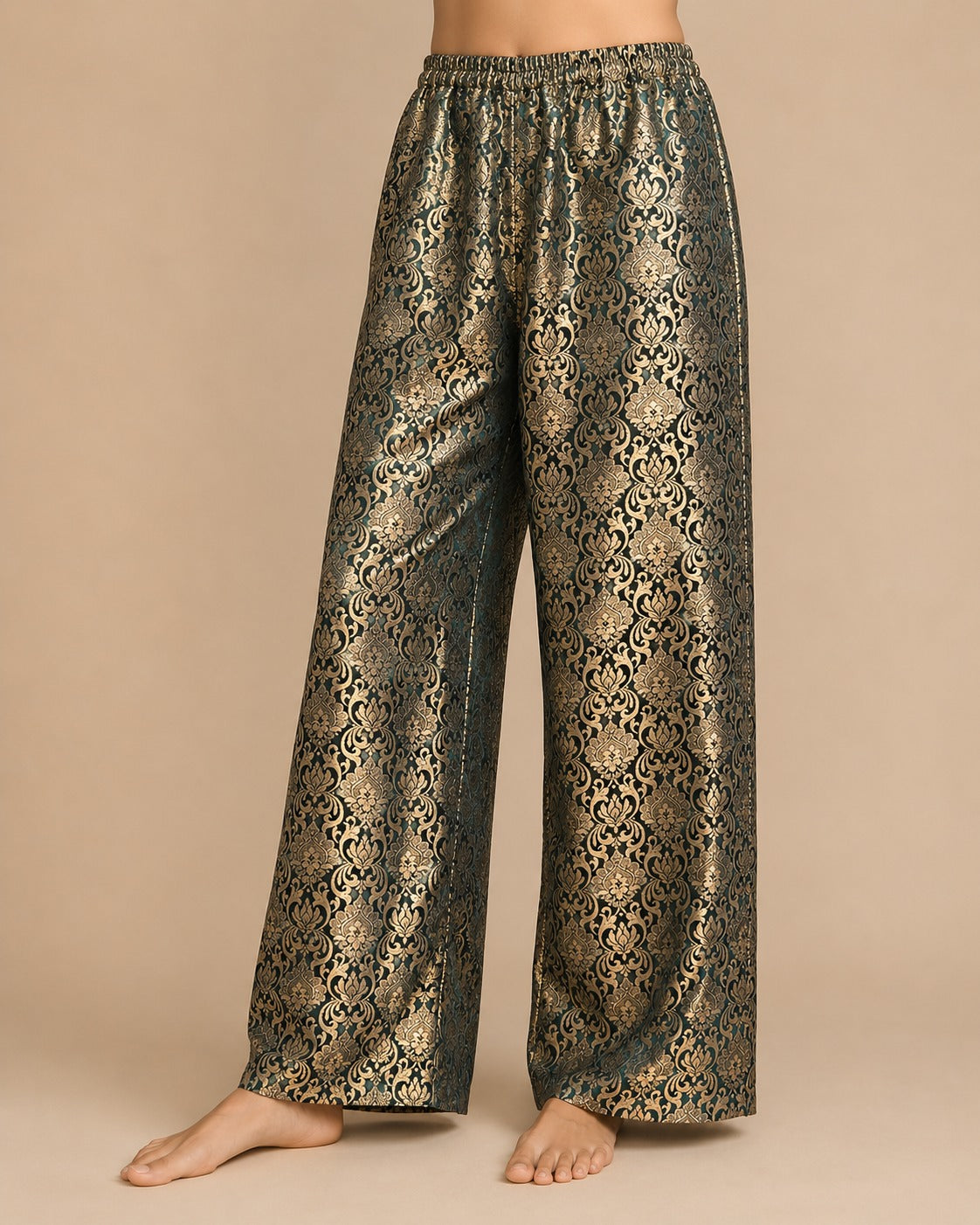 DR-15 - Dark Green - Straight-Leg Banarasi Jacquard Trousers