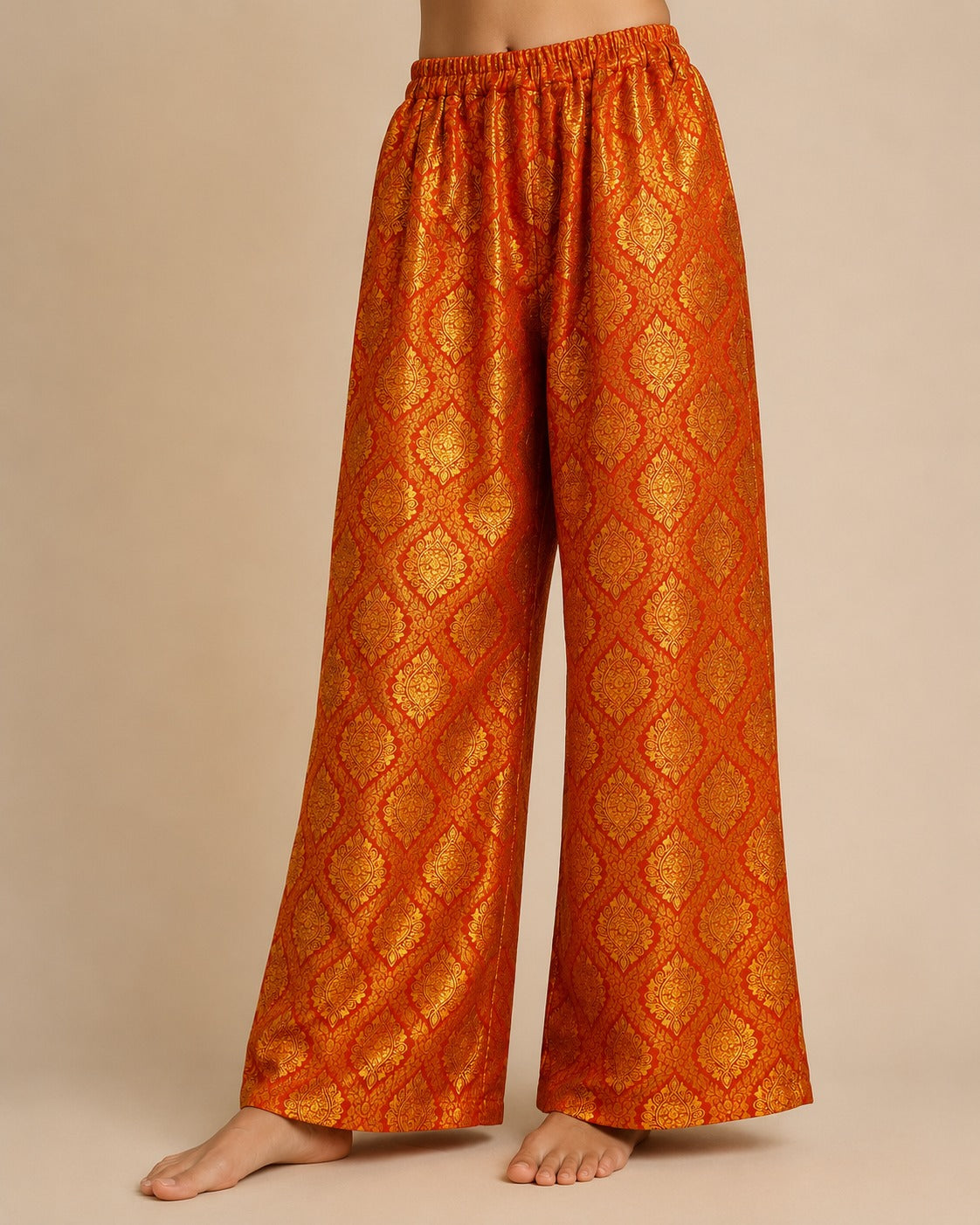 DR-20 - Rust Orange - Wide-Leg Banarasi Jacquard Trousers