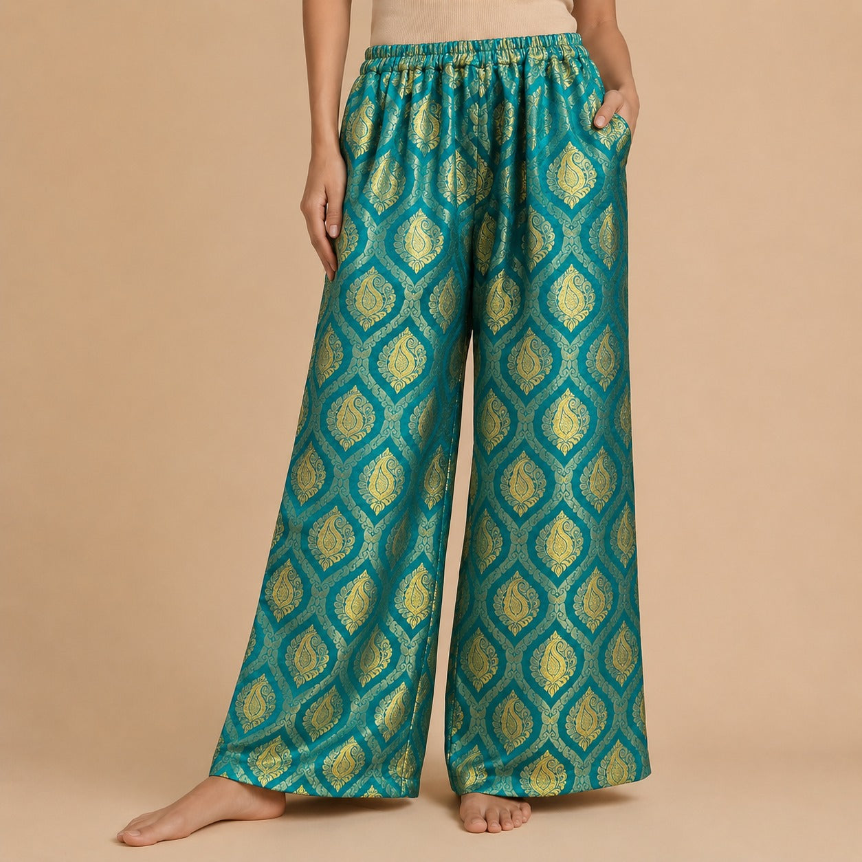 DR-29 - Dark Ferozi - Wide Leg Banarasi Jacquard Trousers
