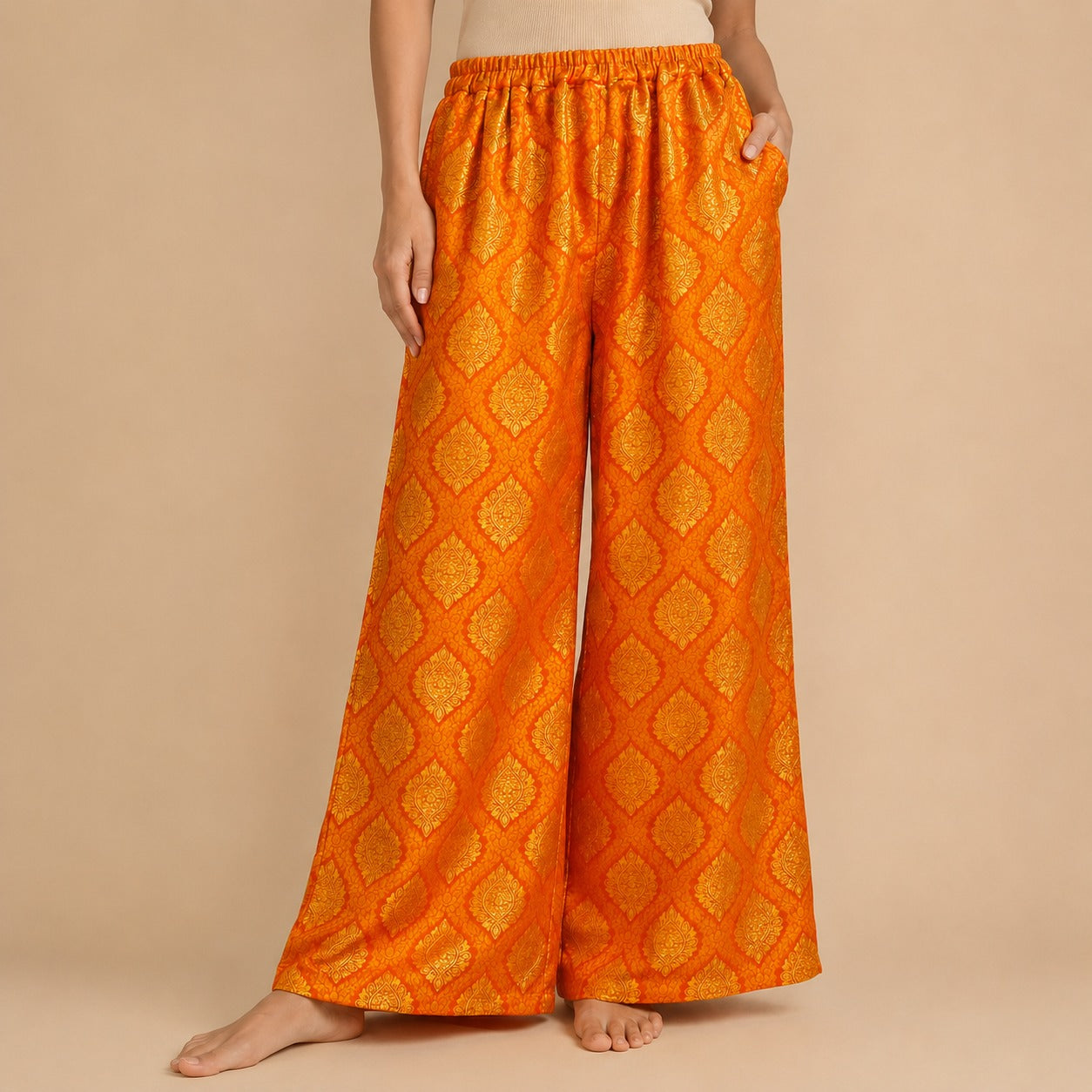 DR-33 - Orange - Wide Leg Banarasi Jacquard Trousers