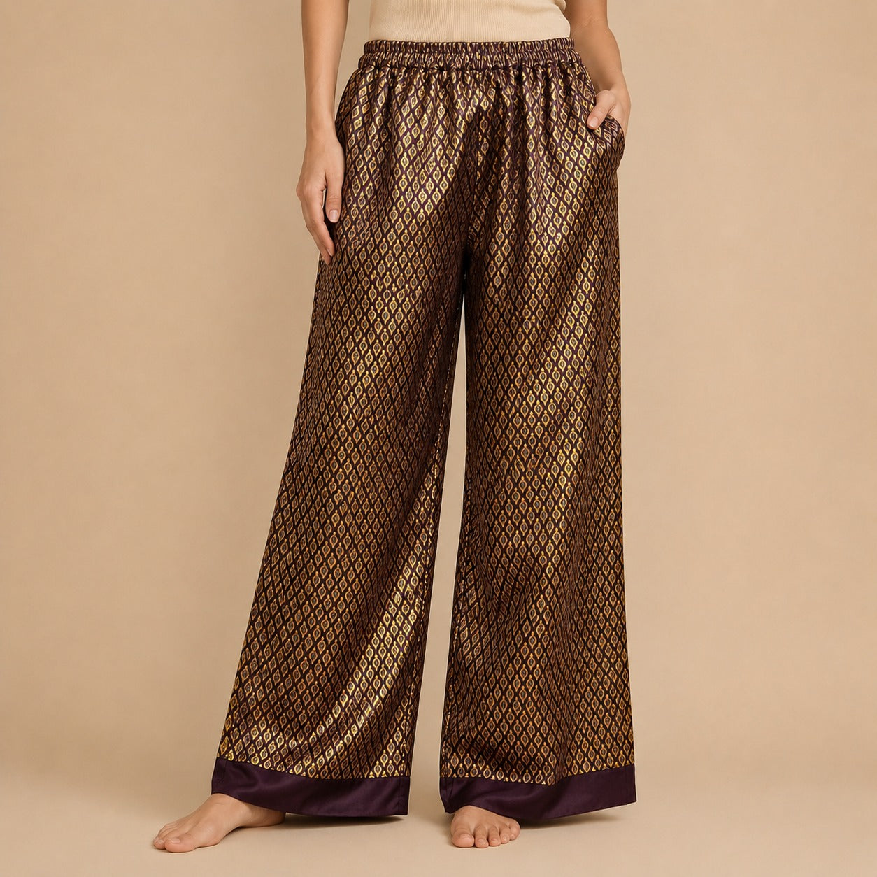 DR-31 - Chocolate Brown - Wide Leg Banarasi Jacquard Trousers