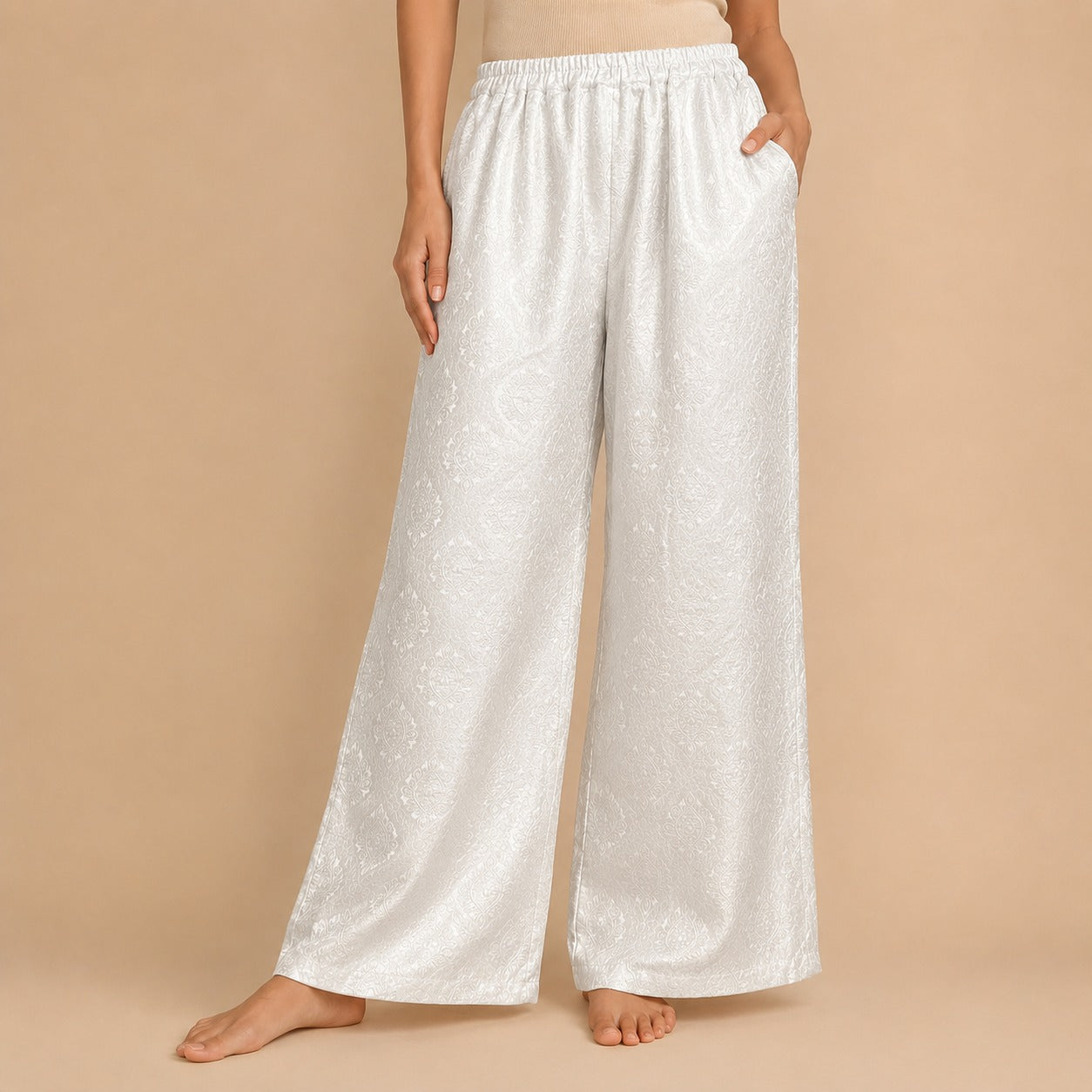 DR-32 - White - Palazzo Banarasi Jacquard Trousers