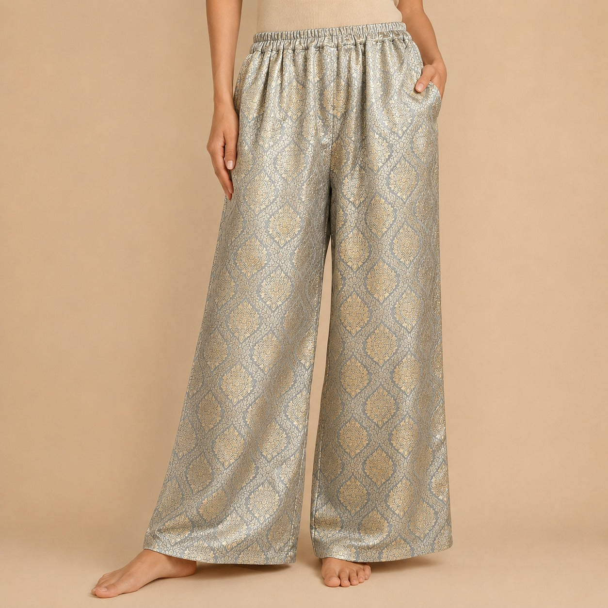 DR-34 - Silver Grey - Wide Leg Banarasi Jacquard Trousers