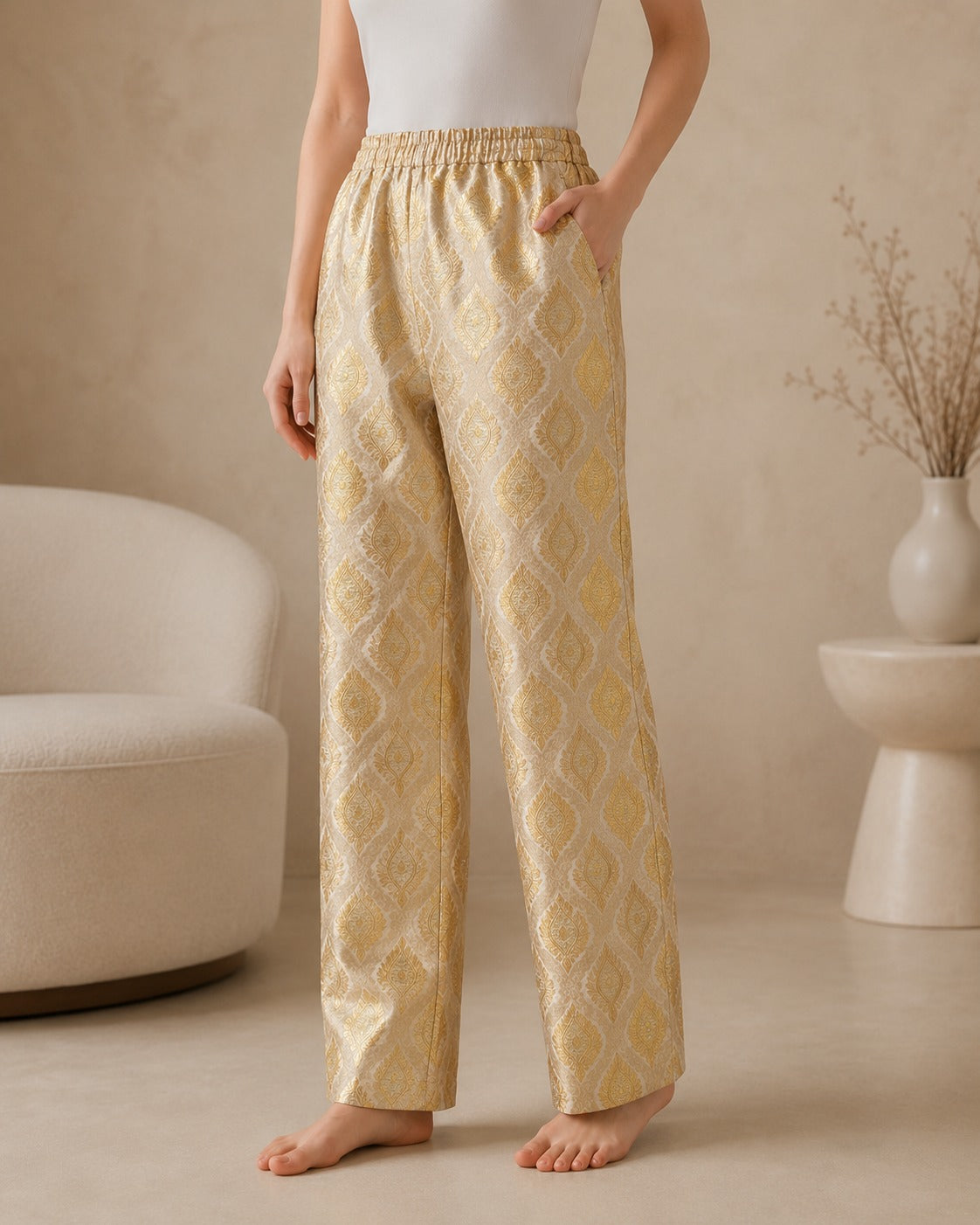 DR-39 - Cream - Straight Leg Banarasi Jacquard Trousers