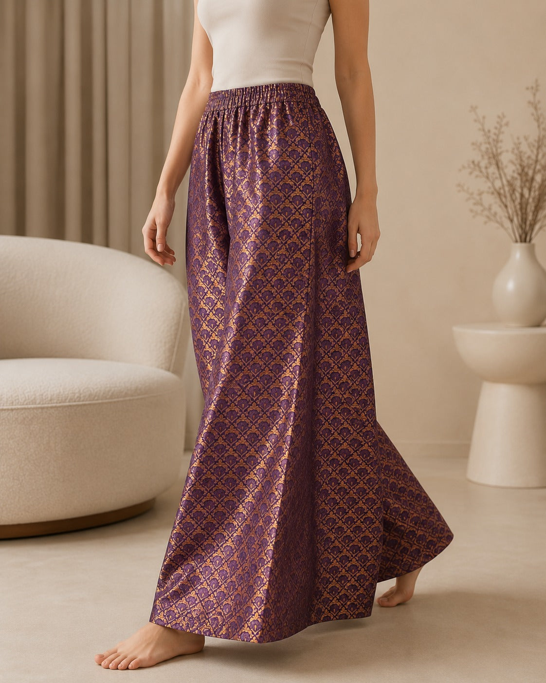 DR-35 - Purple  - Flared Wide Leg Banarasi Jacquard pallazo / sharara