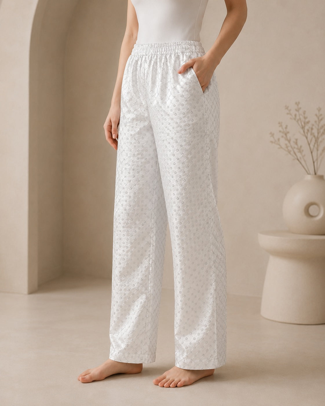 DR-36 - White - Pallazo Leg Banarasi Jacquard Trousers