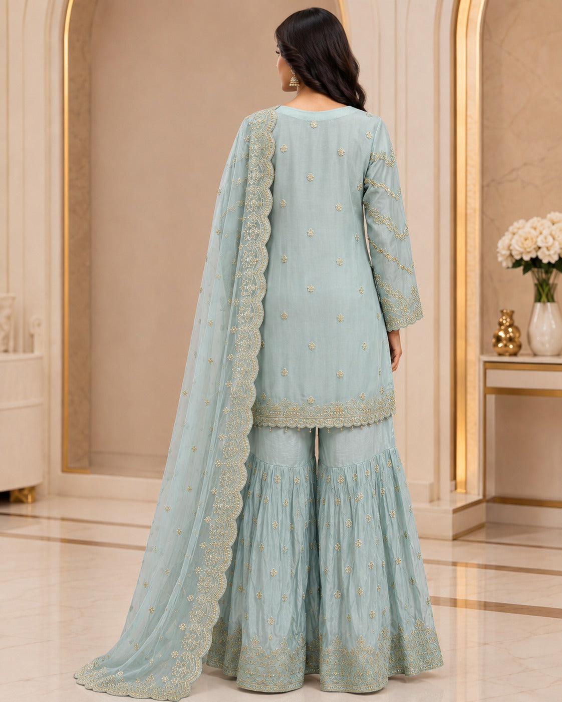 RM-01 - Sea Green - RMAW RF1636 Embroidered 3 Piece Gharara Set