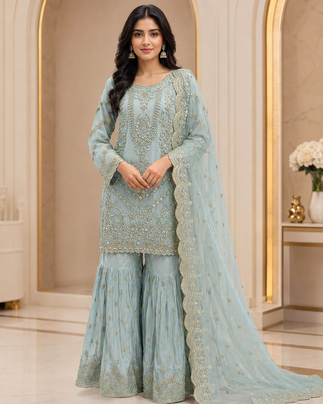 RM-01 - Sea Green - RMAW RF1636 Embroidered 3 Piece Gharara Set