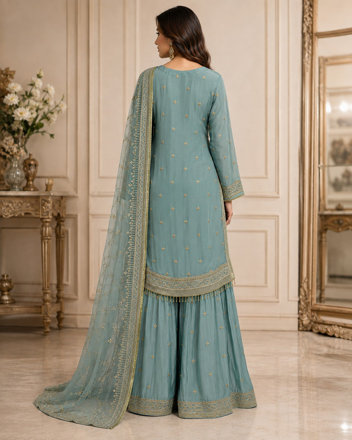 RM-02 - Dusty Teal - RMAW RF1607 Embroidered 3 Piece Gharara Set