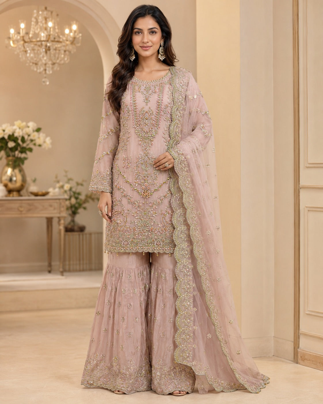 RM-04 - Blush Pink - RMAW RF1636 Embroidered 3 Piece Gharara Set