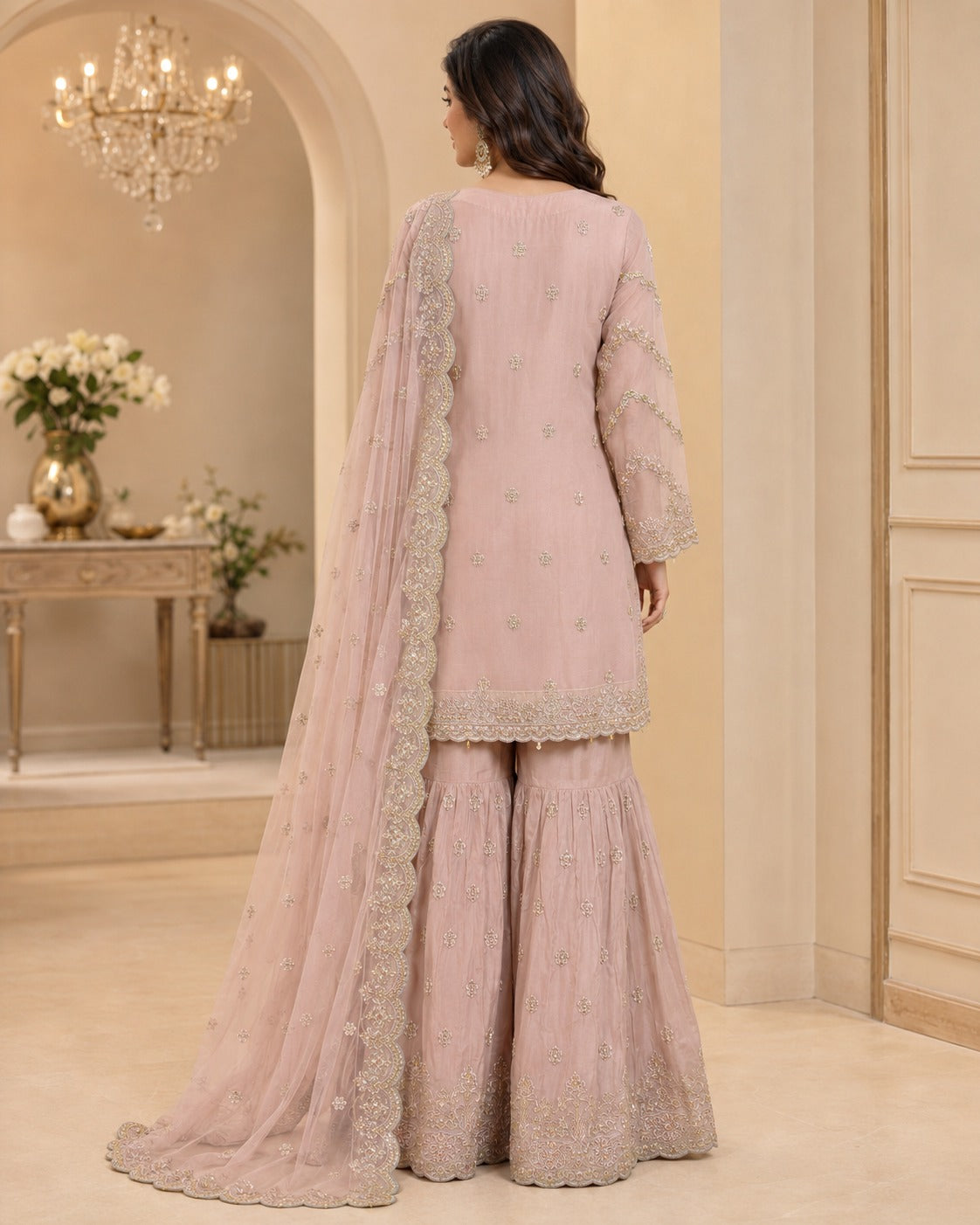 RM-04 - Blush Pink - RMAW RF1636 Embroidered 3 Piece Gharara Set
