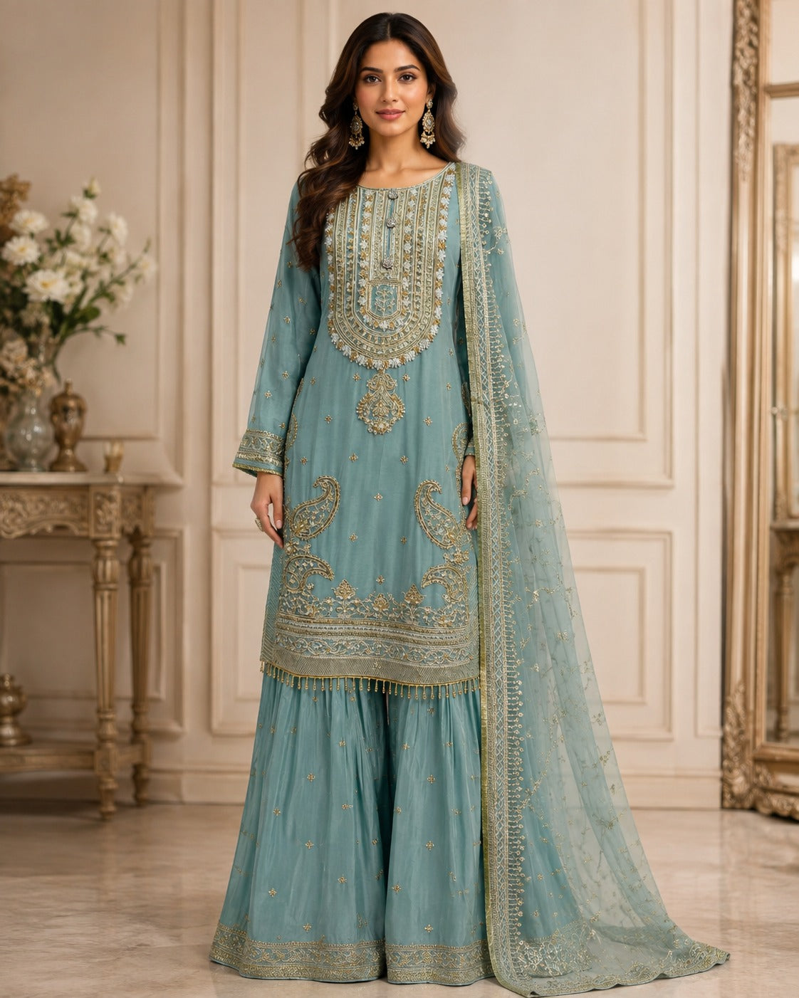 RM-02 - Dusty Teal - RMAW RF1607 Embroidered 3 Piece Gharara Set