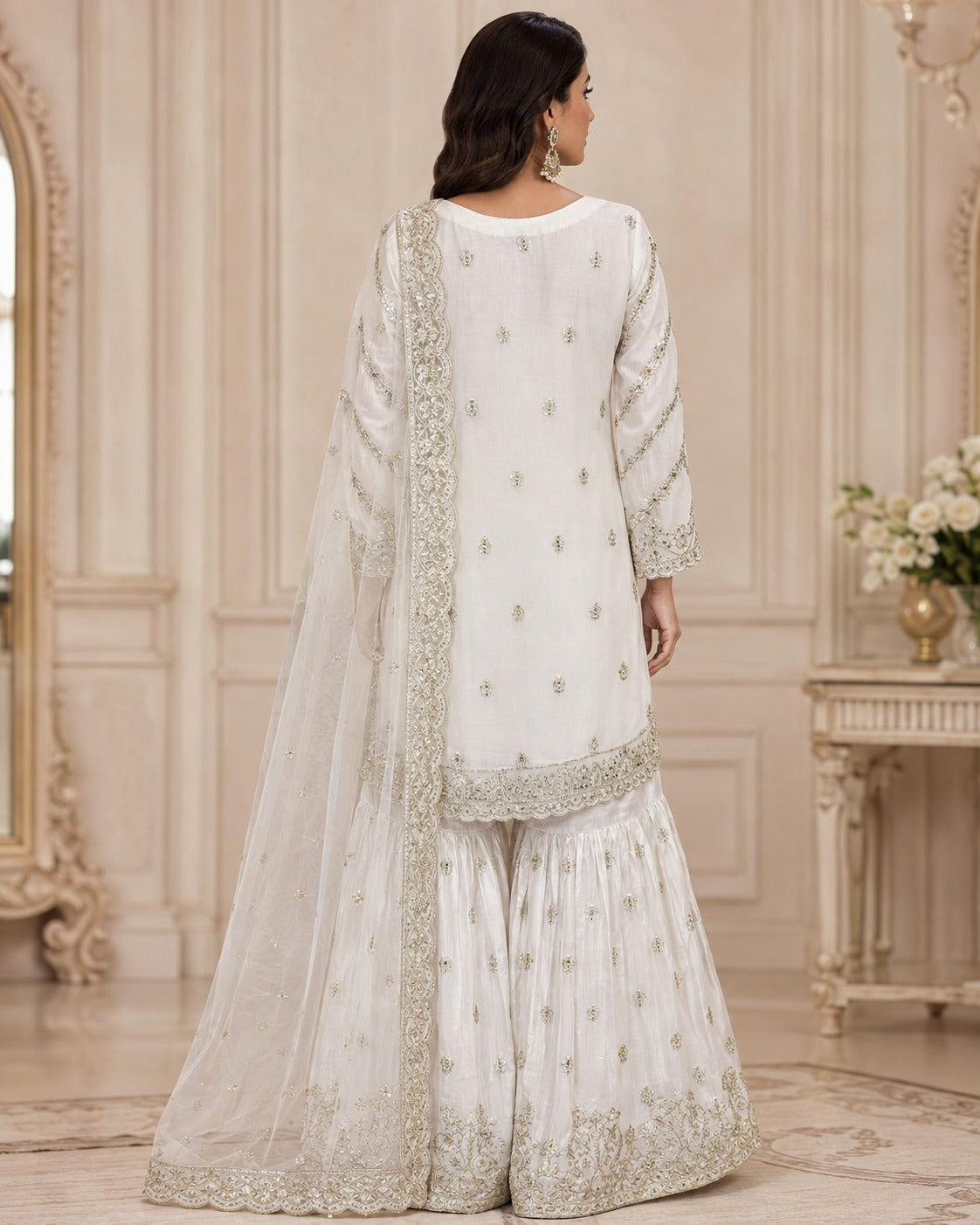 RM-06 - White - RMAW RF1648 Embroidered 3 Piece Gharara Set