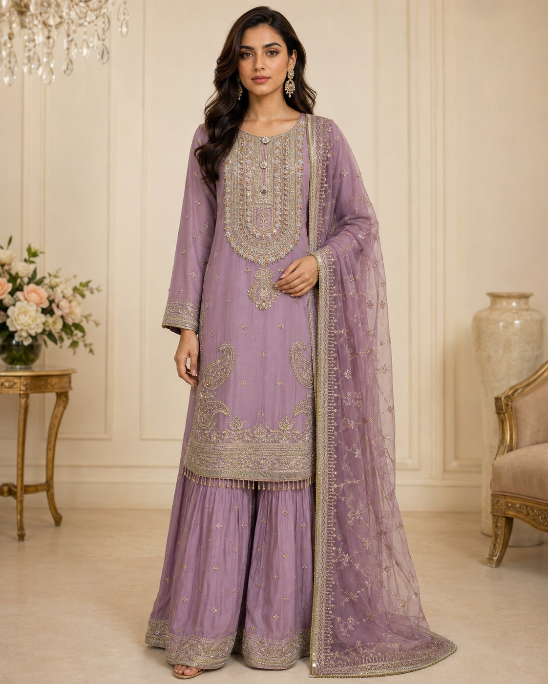 RM-07 - Mauve - RMAW RF1607 Embroidered 3 Piece Gharara Set