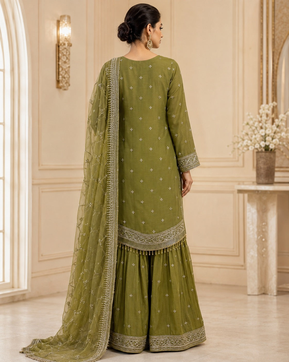 RM-03 - Olive Green - RMAW RF1607 Embroidered 3 Piece Gharara Set