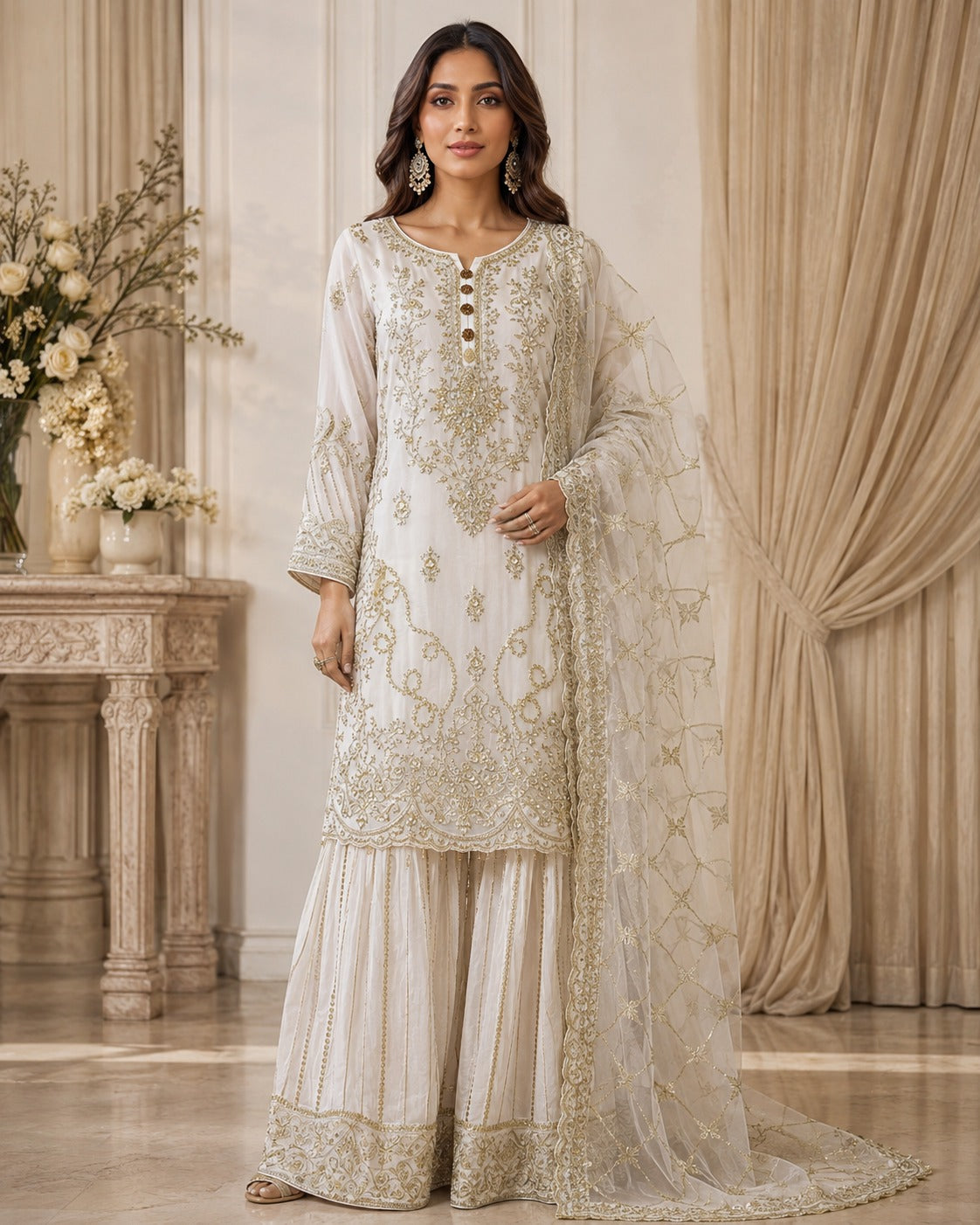 RM-06 - White - RMAW RF1648 Embroidered 3 Piece Gharara Set
