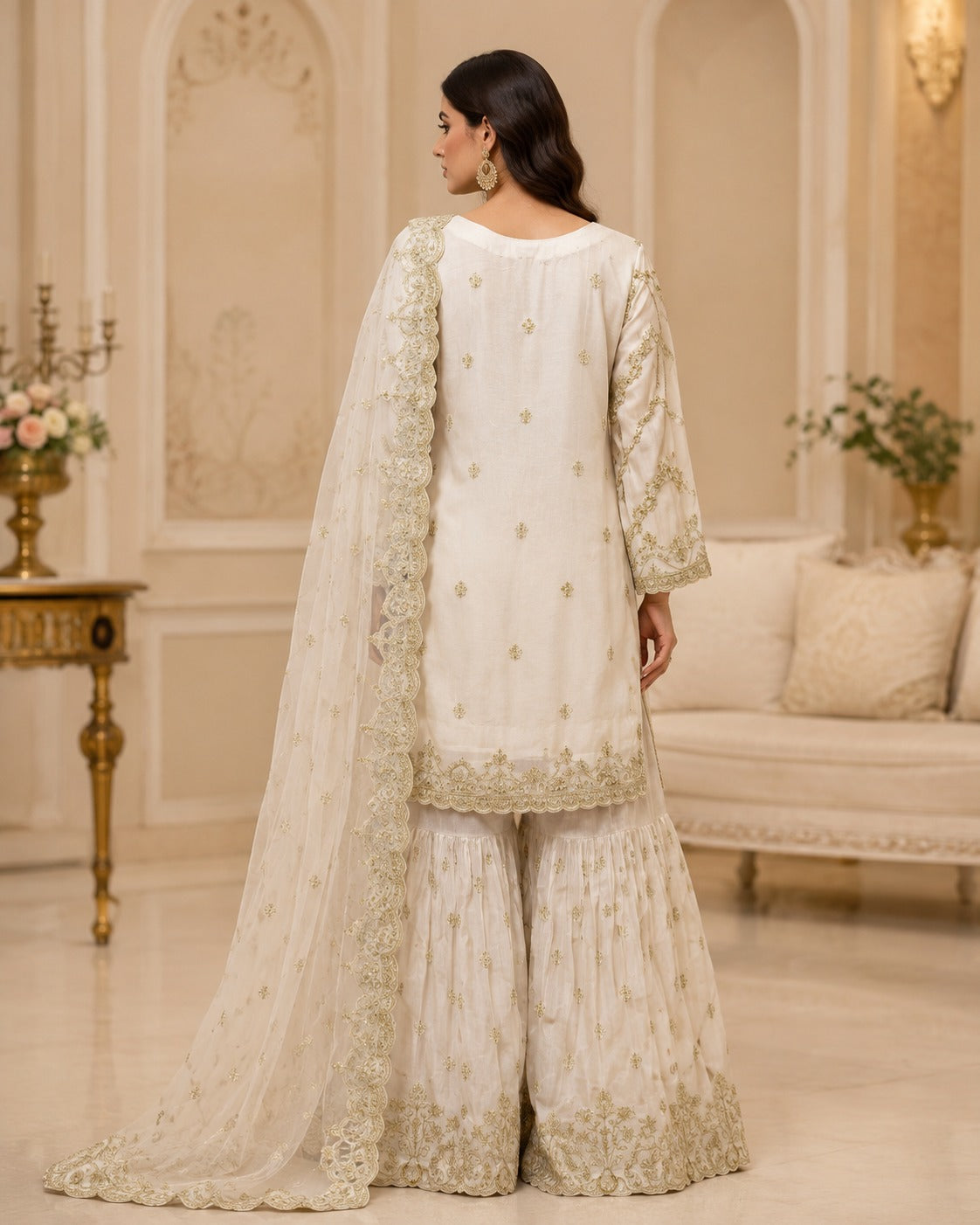 RM-05 - Off White - RMAW RF1636 Embroidered 3 Piece Gharara Set