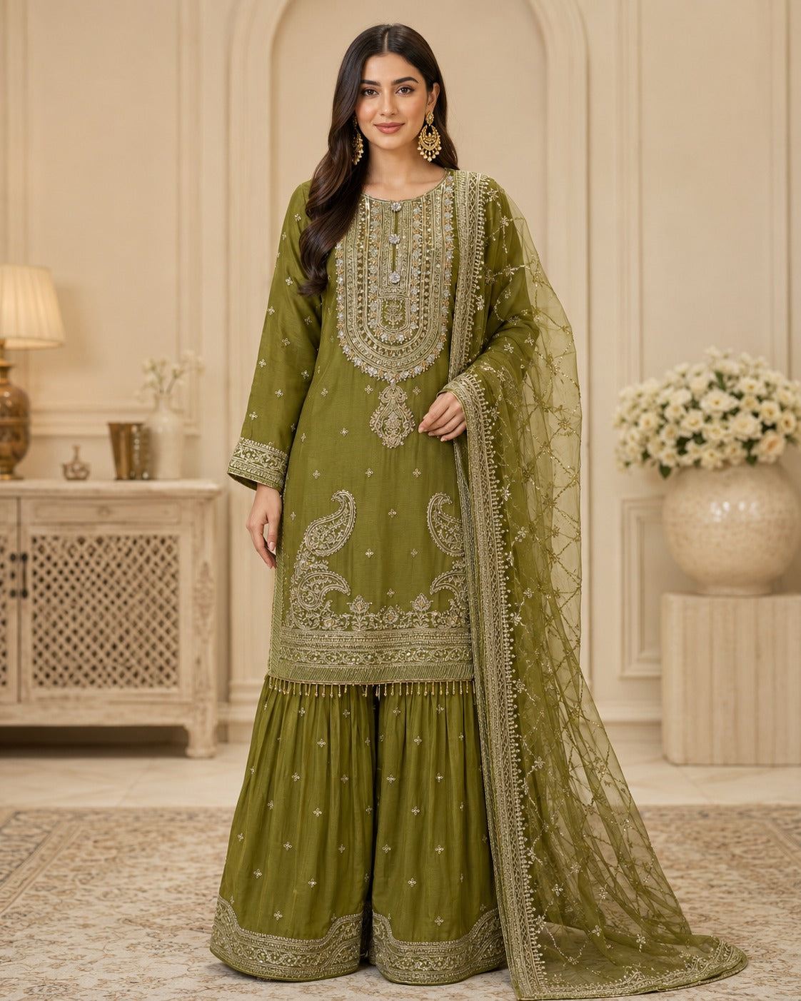 RM-03 - Olive Green - RMAW RF1607 Embroidered 3 Piece Gharara Set