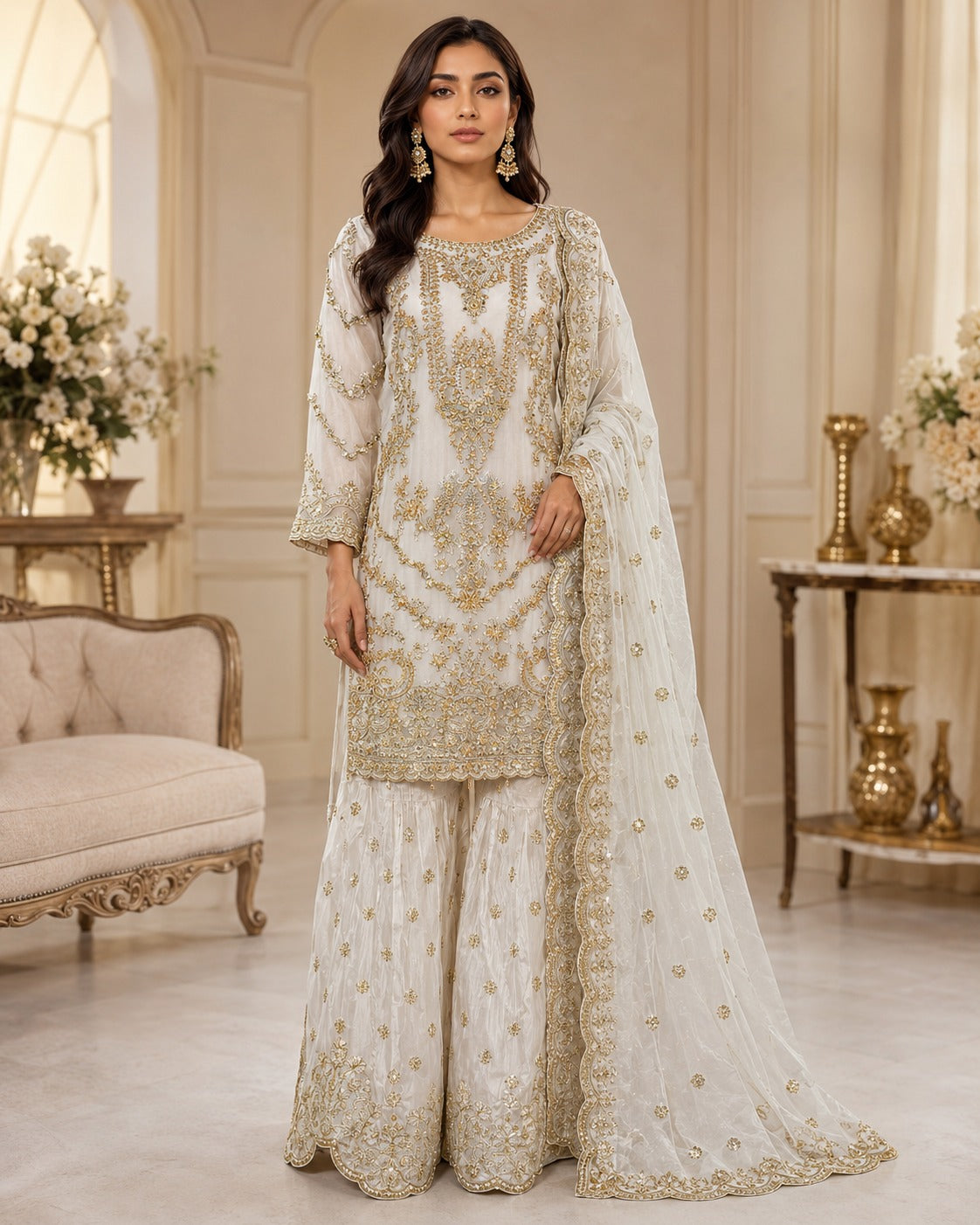 RM-05 - Off White - RMAW RF1636 Embroidered 3 Piece Gharara Set