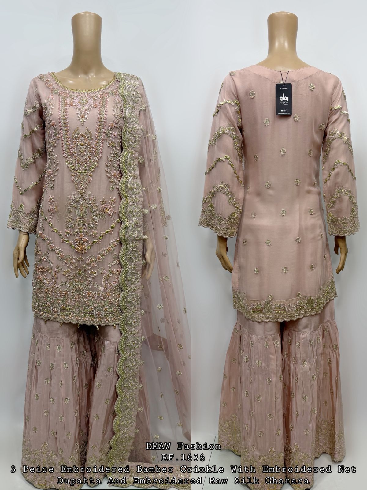 RM-04 - Blush Pink - RMAW RF1636 Embroidered 3 Piece Gharara Set