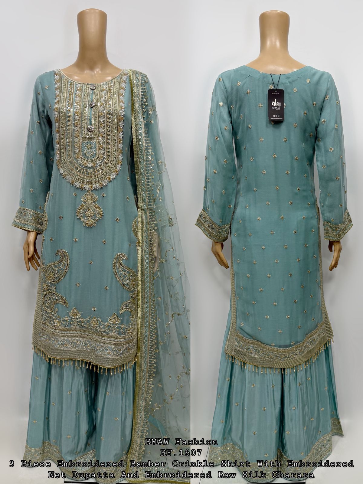 RM-02 - Dusty Teal - RMAW RF1607 Embroidered 3 Piece Gharara Set
