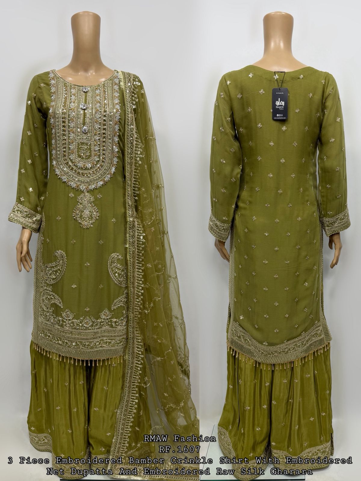 RM-03 - Olive Green - RMAW RF1607 Embroidered 3 Piece Gharara Set