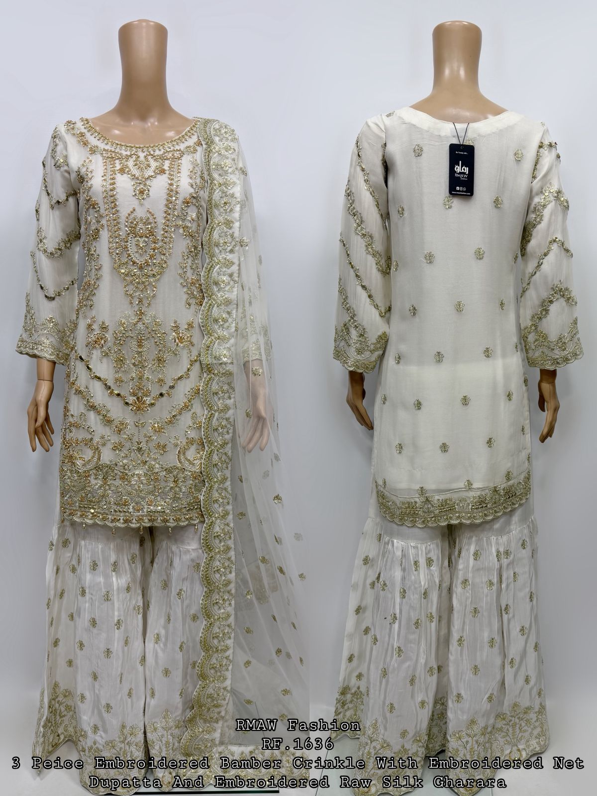 RM-05 - Off White - RMAW RF1636 Embroidered 3 Piece Gharara Set