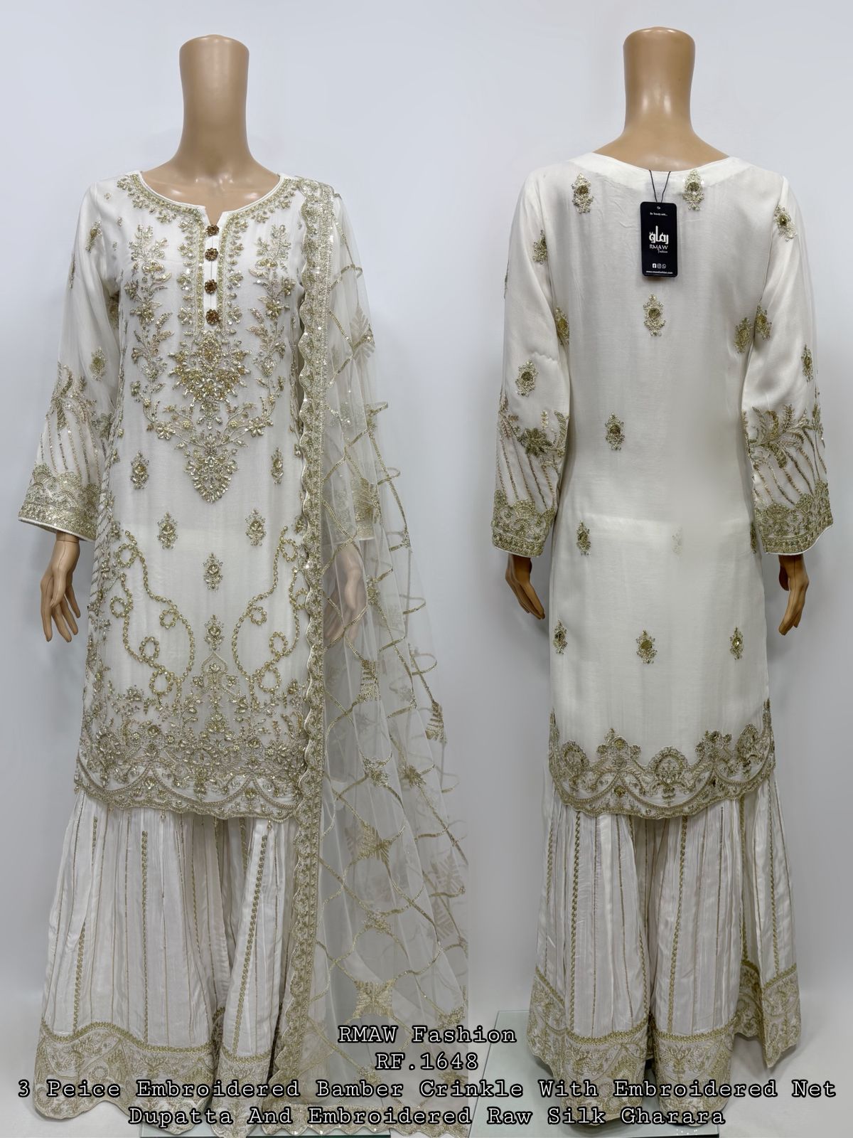 RM-06 - White - RMAW RF1648 Embroidered 3 Piece Gharara Set